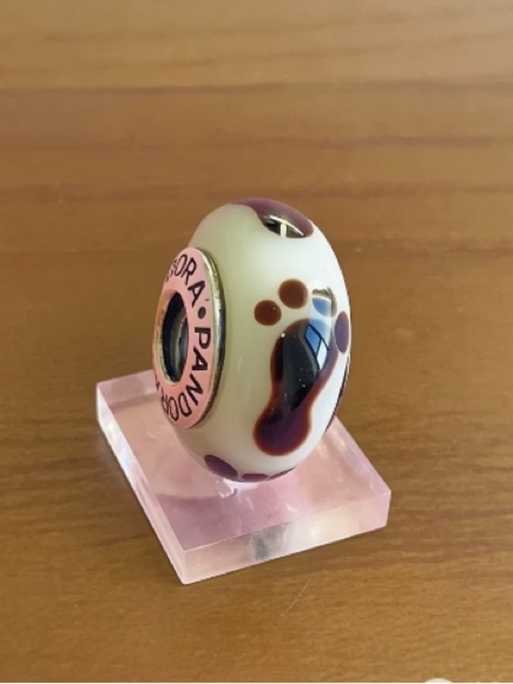 Pandora Cream Glass Charm with Pink Core and Brown Paw Accents